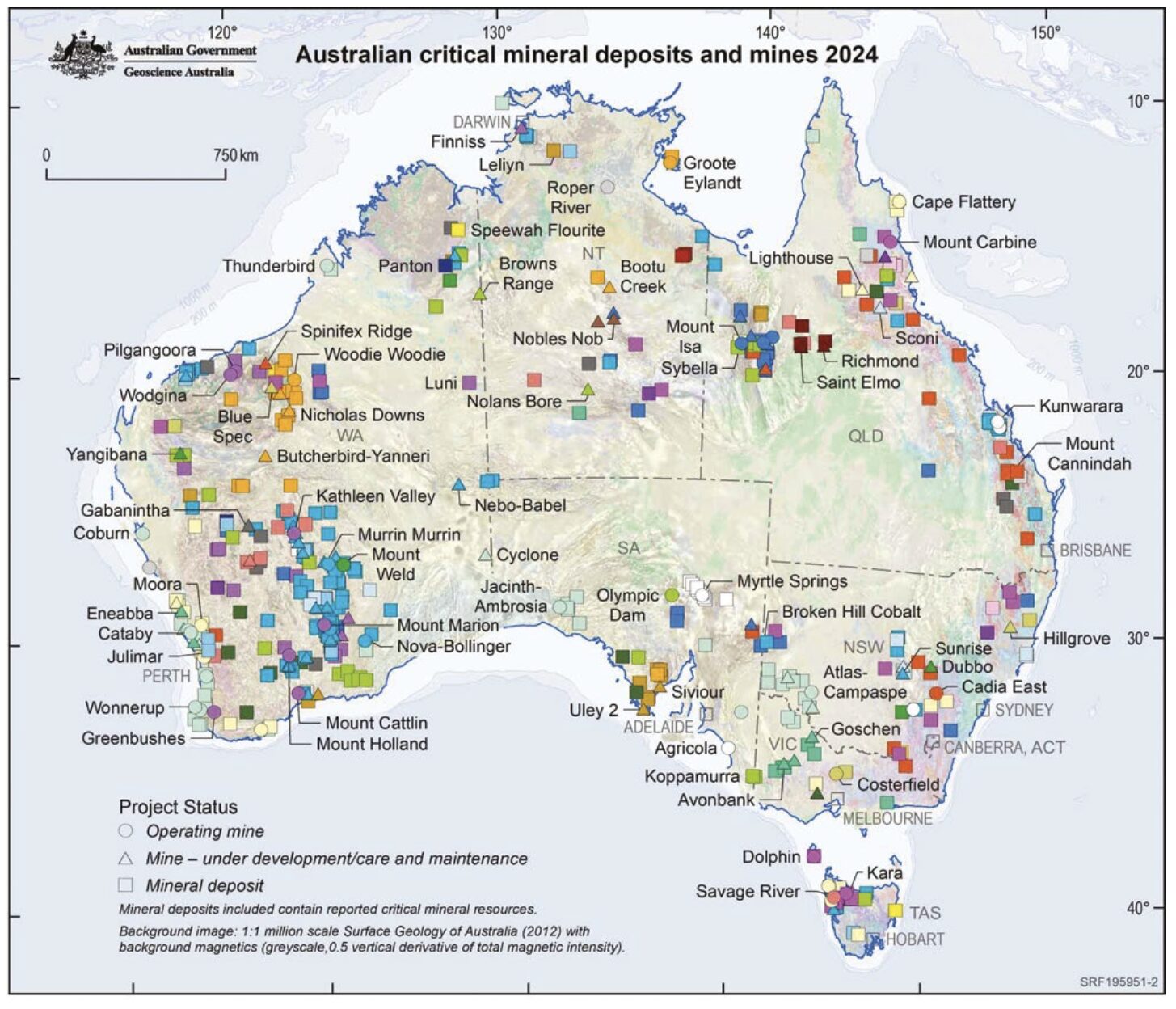 Australian critical minerals deposits and mines map showing locations across Australia