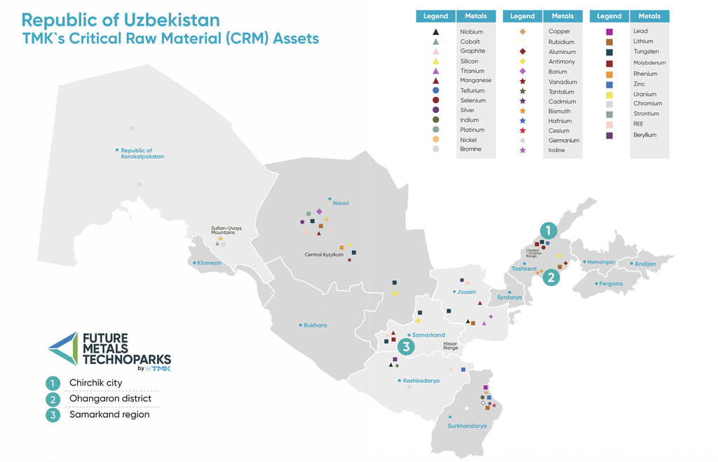 Map of Uzbekistan critical minerals assets and future metals development zones