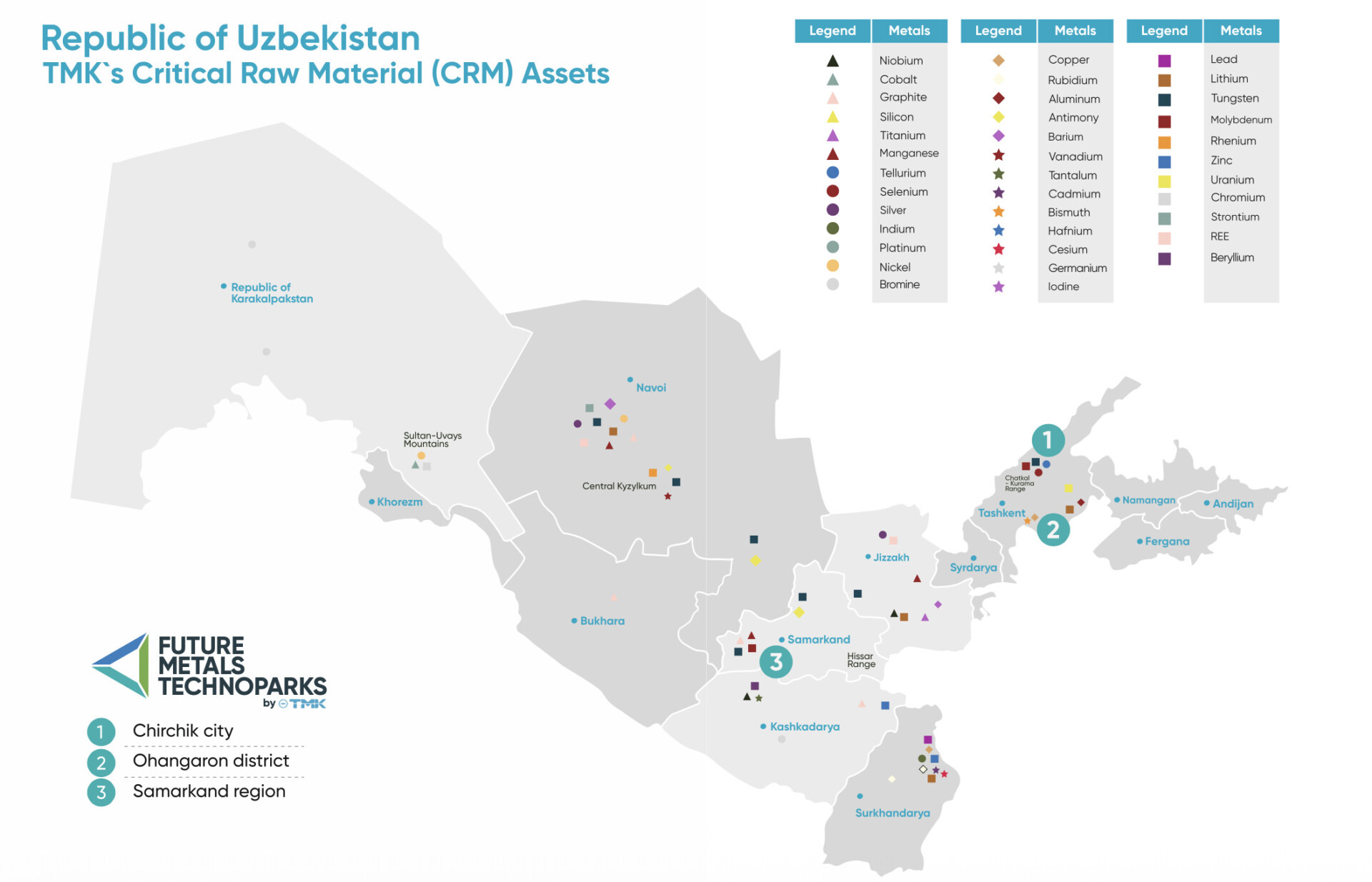 Map of Uzbekistan critical minerals assets and future metals development zones