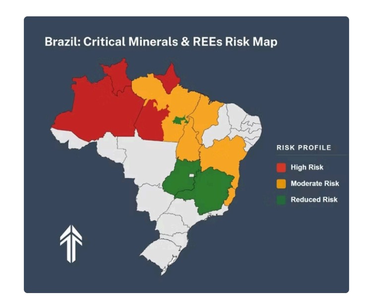 Brazil critical minerals risk map showing high, moderate and reduced-risk mining regions