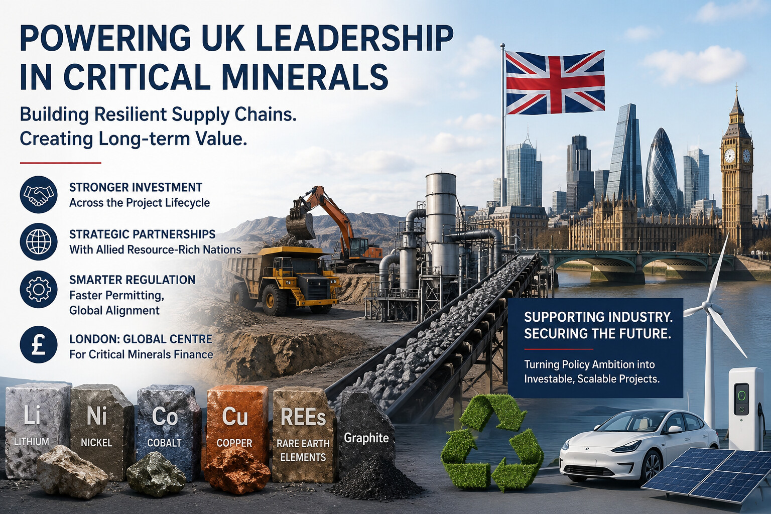 Infographic promoting UK leadership in critical minerals with a Union Jack flag, industrial site, and a charging car; highlights investment, partnerships, regulation, and finance themes.
