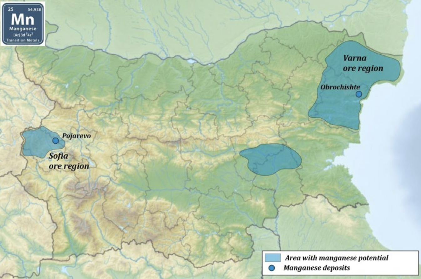 Bulgaria critical minerals map showing manganese deposits and areas with manganese potential