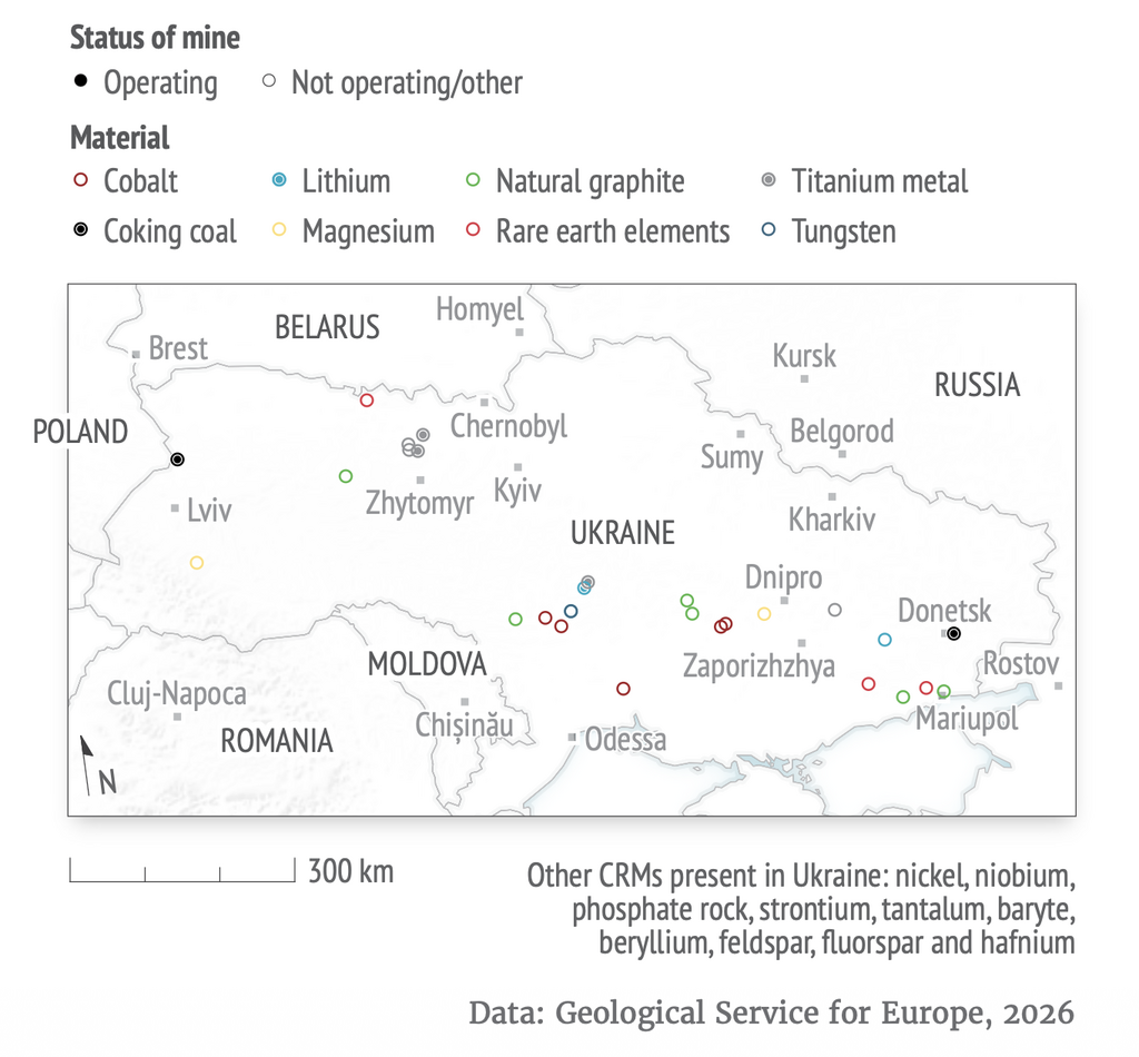 Map of operating and proposed critical raw material mines and deposits across Ukraine