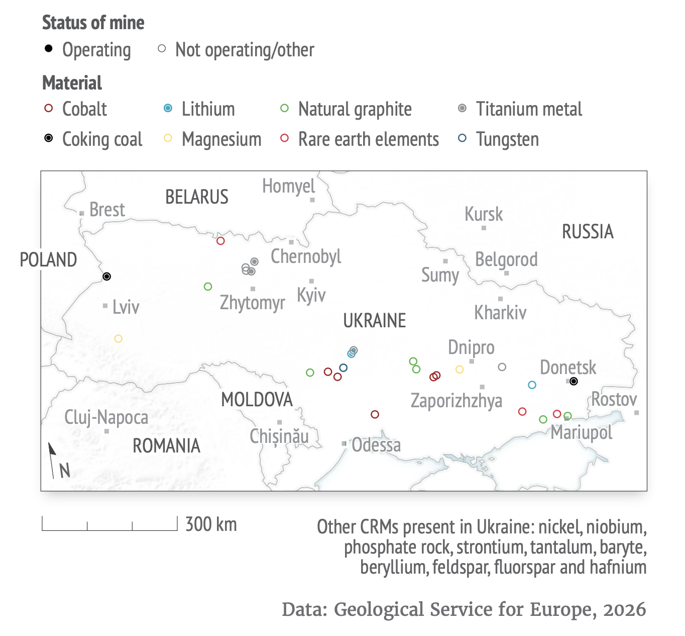 Map of operating and proposed critical raw material mines and deposits across Ukraine